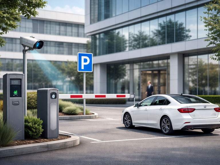 Moderne Parkinfrastruktur mit einem weißen Auto, Schranke und Parkscheinautomat. urban parkguard